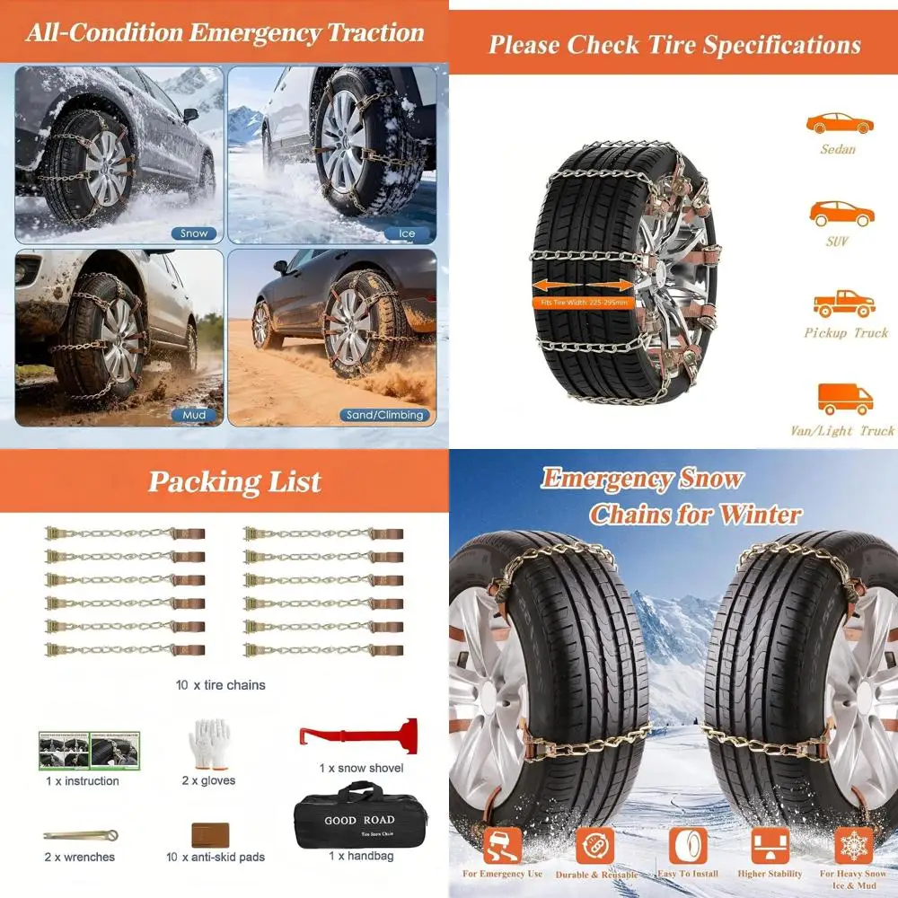 

Автомобильные снежные цепи 225-295 мм, универсальные аварийные противоскользящие шины для грузовиков, минивэнов, пикапов, внедорожников/квадроциклов/UTV, регулируемые утолщенные