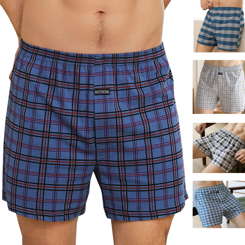 2pcs Male Arrow Pants Men Cotton Plaid Boxers Shorts Loose Mid-Waisted Men\'s Plus Size Underwear Homewear Comfortable Panties