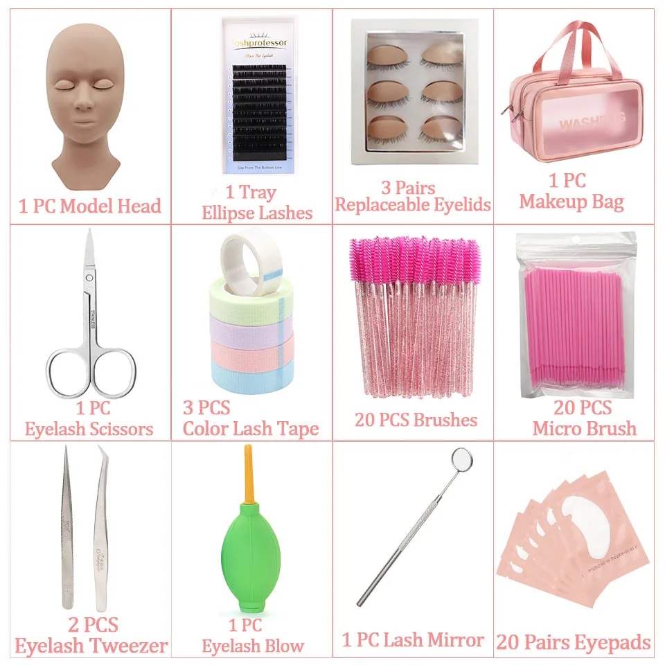 Wimpernverlängerungs-Trainingsset für Anfänger, Übungsmodell, Kopf, Schaufensterpuppe, Augenpads, Pinzette, Bürsten, Make-up-Set, Übungswimpern – Detail 3