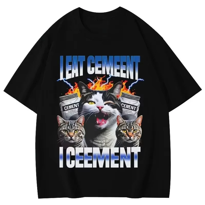 I Eat Cement Cursed Cat Funny Vintage Meme Print T Shirt Fashion Short Sleeve T-shirts Women Casual Summer Clothing Tops