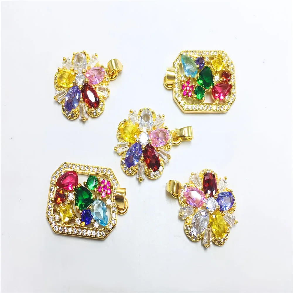 10pcs/ Bag Copper gold-plated high color retention inlaid zircon glass flower pendant DIY jewelry making accessories