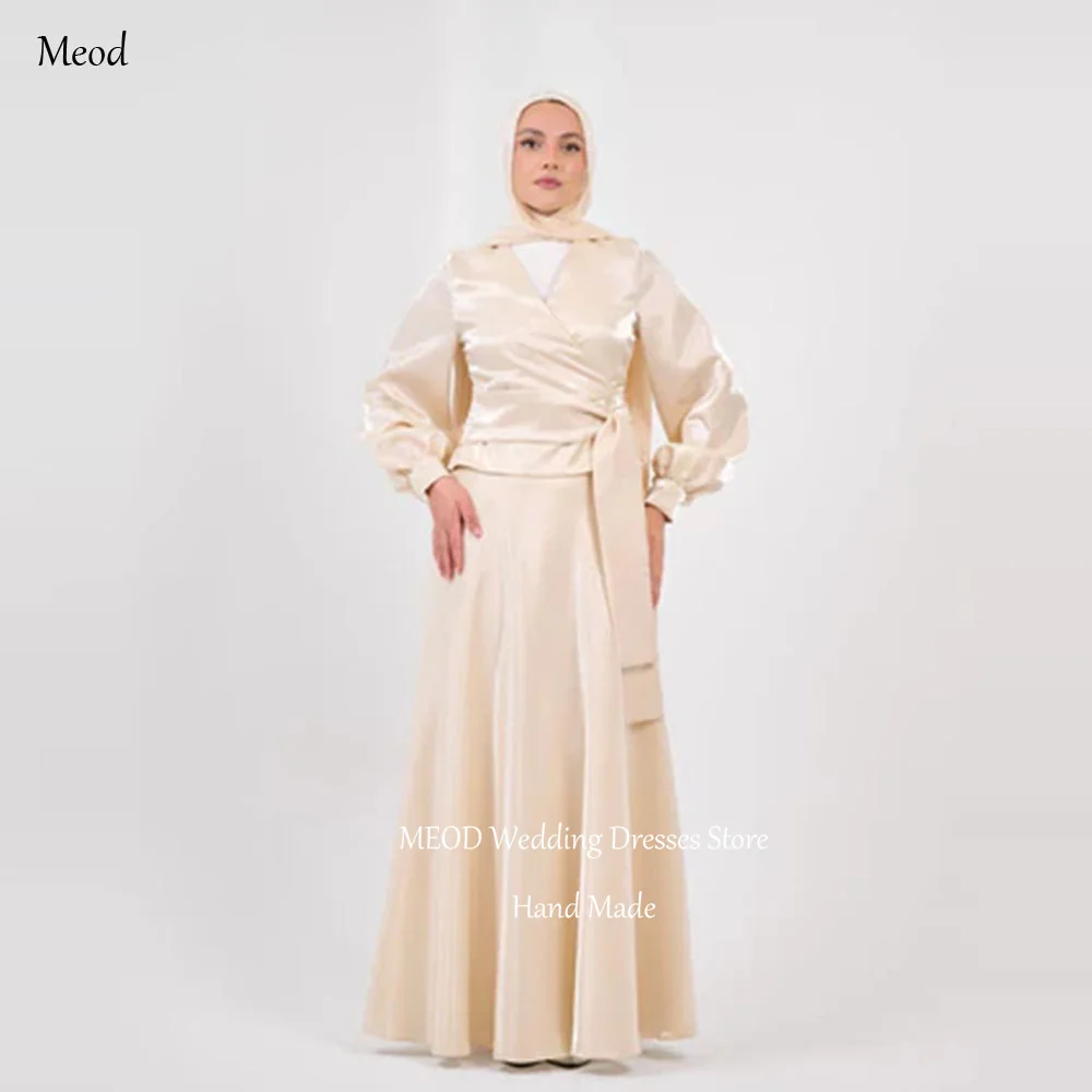 MEOD Formal Satin Women's Evening Dresses Dubai V Neck Long Sleeves Vintage Prom Gown Floor Length Vestidos De Fiesta Customized