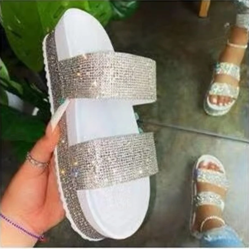 New Rhinestone Slippers Women 2023 Fashion Crystal Slides Platform Flip Flop Lady Sexy Rainbow Shiny Diamond Chunky Shoes 36-43