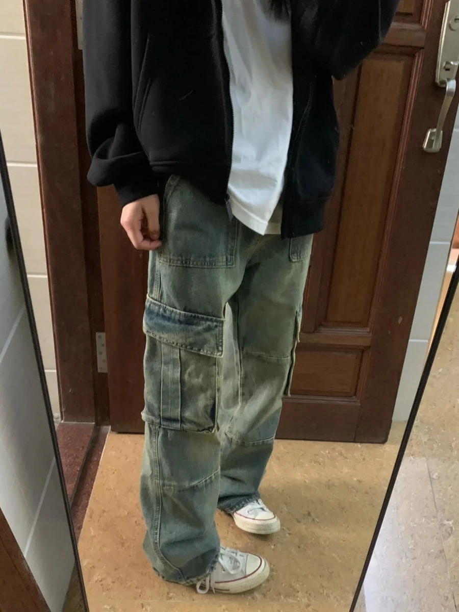 

Робочая одежда в стиле ретро в американском стиле High Street, свободные прямые повседневные джинсы для мужчин и женщин, модные джинсовые джинсы с несколькими порами