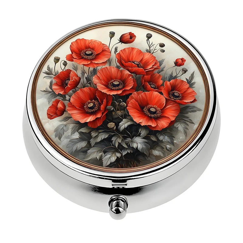 Single-piece, single-box design, featuring three compartments and decorated with a poppy flower pattern, this is a stylish vitamin storage box that can be placed in a pocket or handbag, and can also be used as a pill box, offering a unique choice