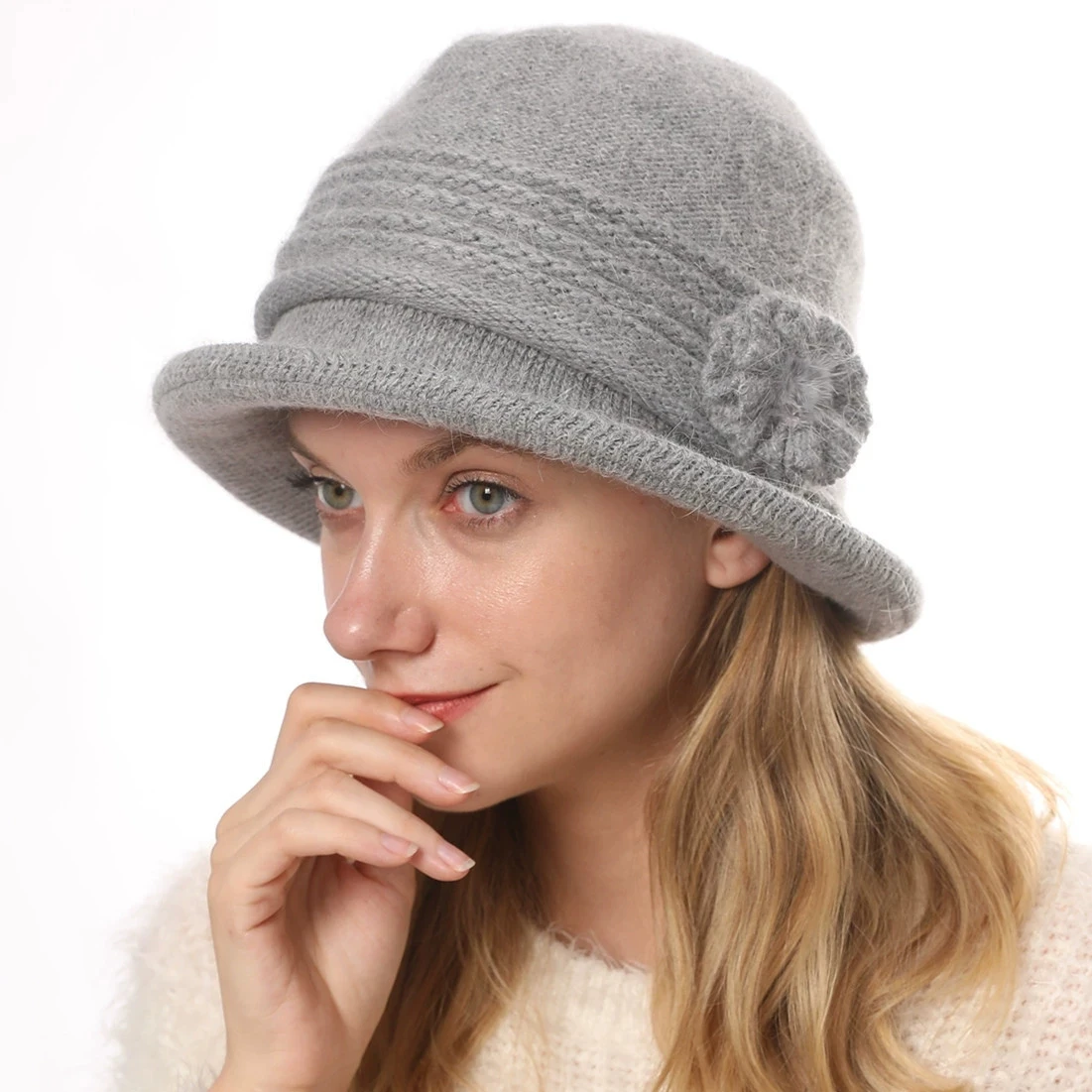 Women Autumn Winter Knitted Woolen Double Thickened Warm Hats Female Vintage Elegant Flower Solid Color Cap Classical Mother Hat