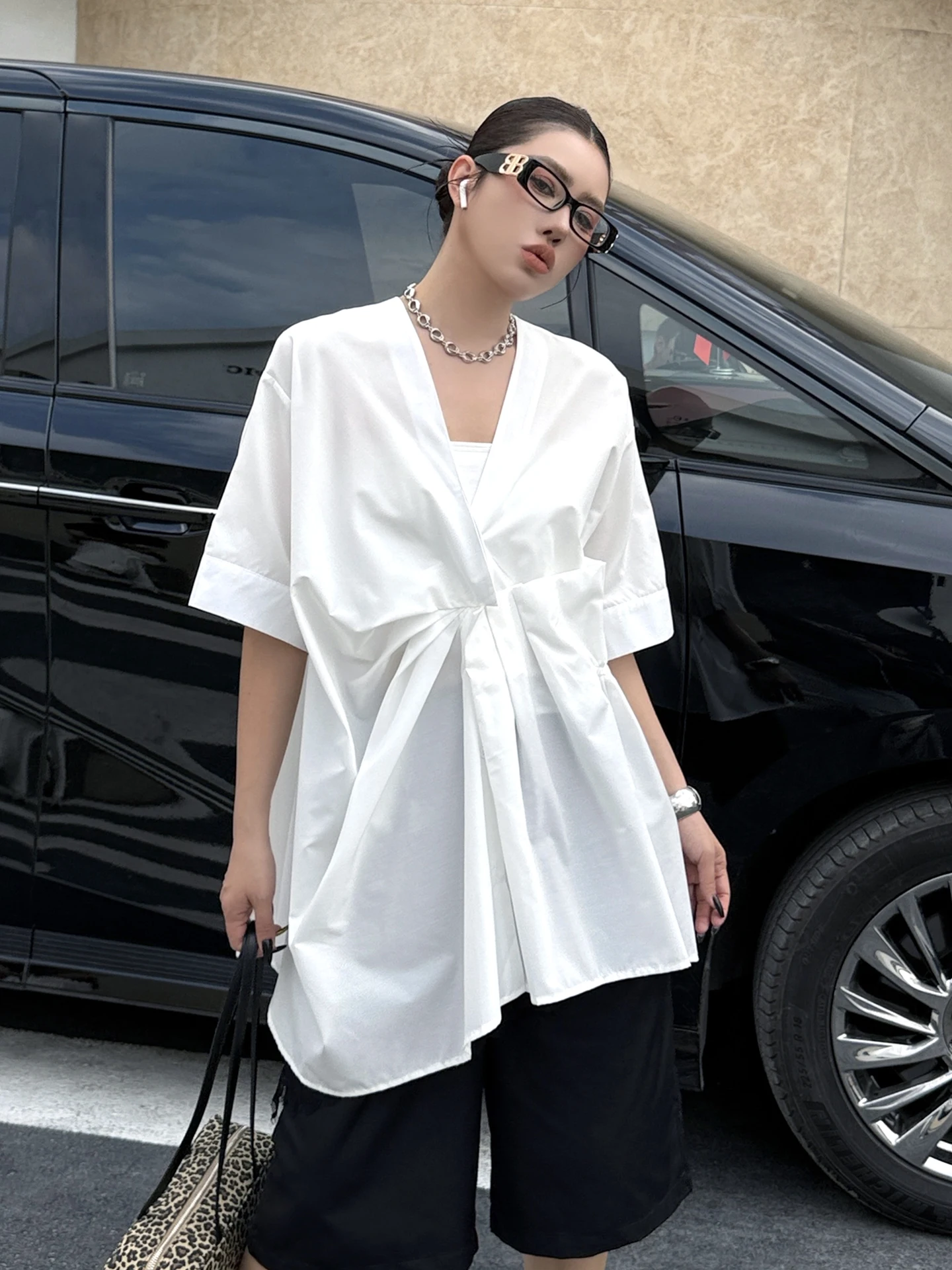 

Hong Kong Style V-Neck Short Sleeve Shirt Dress Women's Loose Slimming Pure Color Spring Summer Fashion Design Casual Shirt