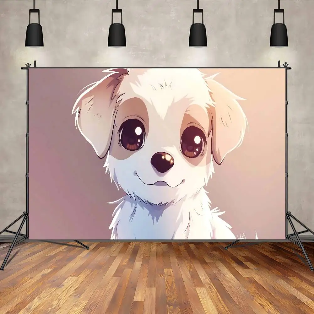 لطيف الكلب نمط الرسوم المتحركة عيد ميلاد سعيد خلفية خلفية الفينيل المرأة حفلة عيد ميلاد كعكة الجدول الزينة