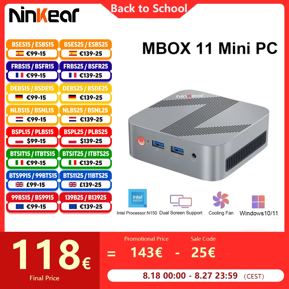 Ninkear MBOX 11 Mini PC Intel N150 fino a 3.6GHz 16GB DDR4 512GB SSD supporto 2 schermo 2.4G + 5G WIFI HDMI 3.0*2 Computer Windows 11