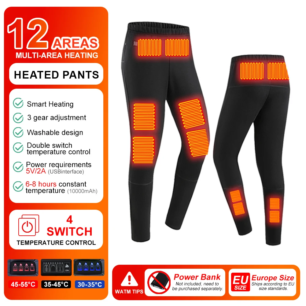 Winter Heated Thermal Pants 12 Zones For Men Women USB Charging Electric Heating Pant For Skiing Hiking Motocycle XS-2XL EU Size