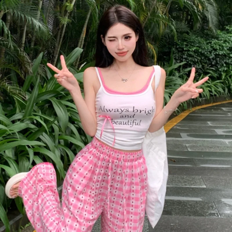 Printed Camis Women Summer Patchwork Fake 2pcs Casual Daily All-match Ulzzang High Waist Hotsweet Holiday Beach Style Attractive