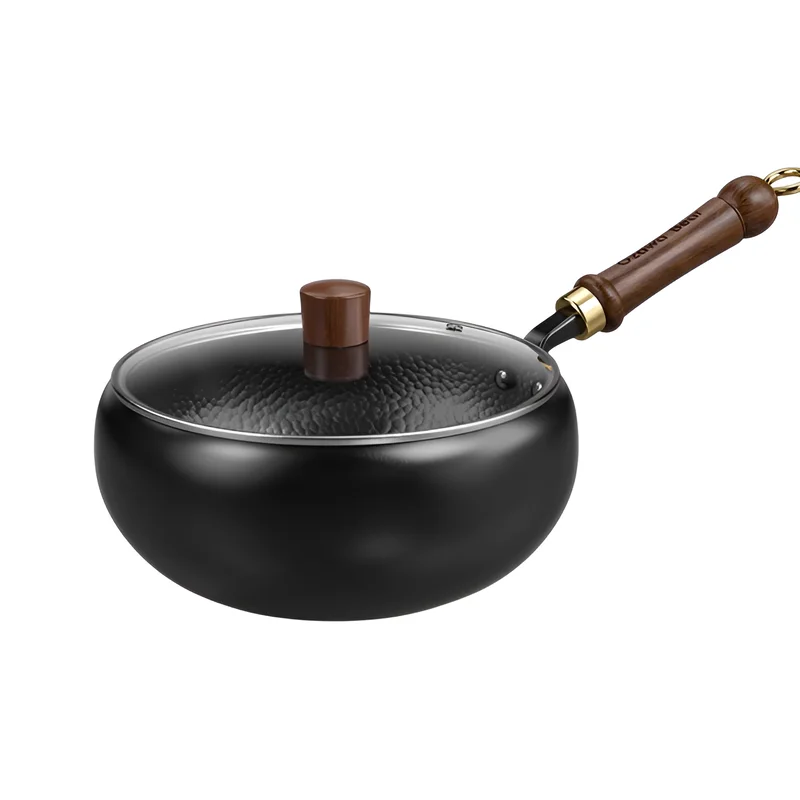 Unbeschichteter Big-Belly-Topf, Antihaftpfanne, handgefertigte gehämmerte unbeschichtete Eisenpfanne 9,5 Zoll (24 cm), kleine Haushaltspfanne mit flachem Boden und Glasdeckel für Gasherd und