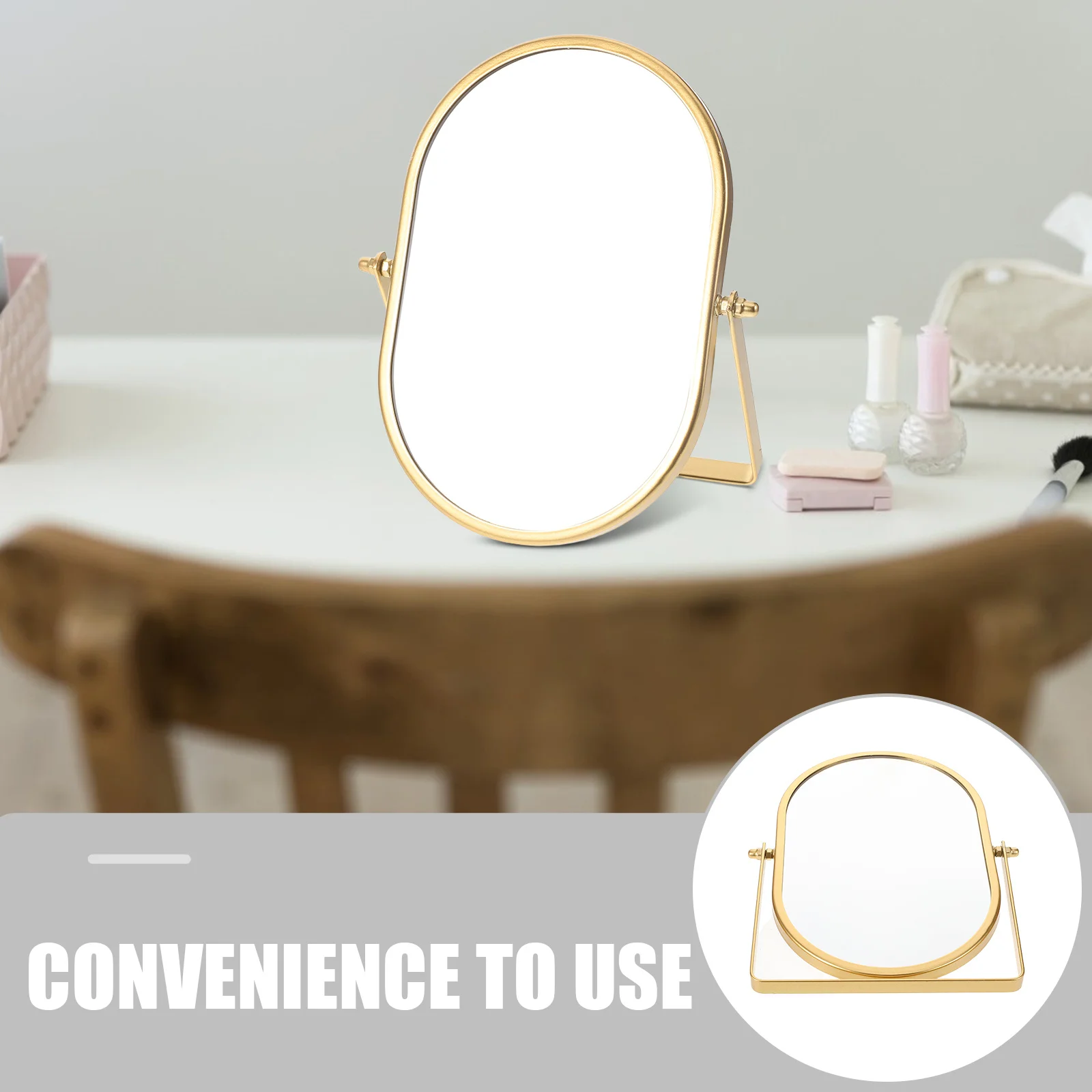 楕円形テーブルミラー ゴールドフレーム 360度回転 コンパクト折りたたみ式化粧鏡 バニティデスク 小型装飾折りたたみ式デスクミラー