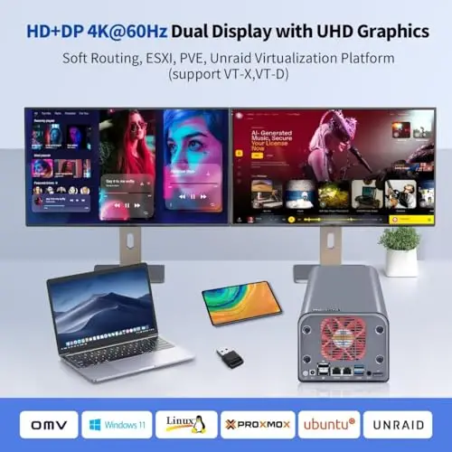 MNBOXCONET Mini PC NAS Server Quad-Core N100 2 alloggiamenti, 3 in 1 Memorizzazione adatta alla rete del computer (NAS) DDR5 8 GB di RAM 128 GB NVMe SSD,