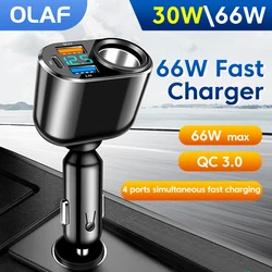 Olaf 66W 3 Ports USB C Car Charger QC 3.0 Fast Charging PD Type C Car Cigar Lighter Socket For iPhone Huawei Sumsung Xiaomi LED