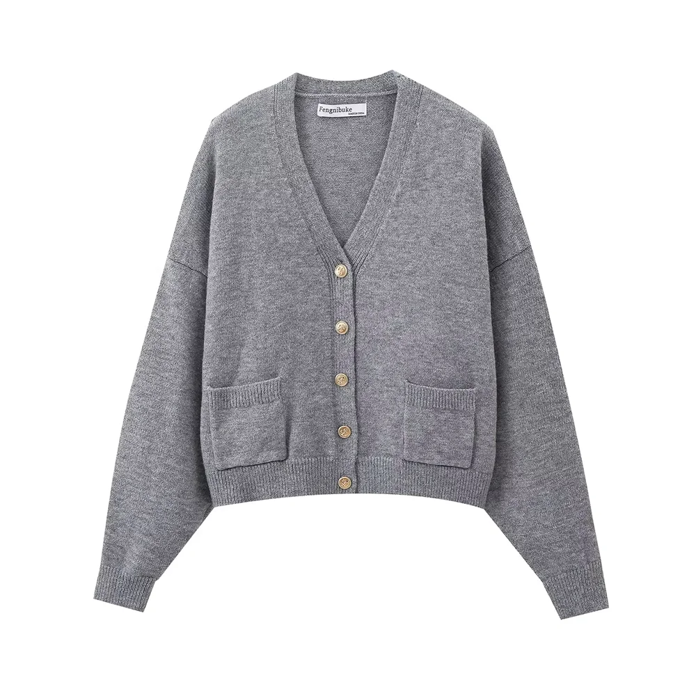 PB&ZA 2024  Autumn/Winter  New  Product  Grey  Basic Long Sleeve V-neck Knitted Cardigan Sweater Coat