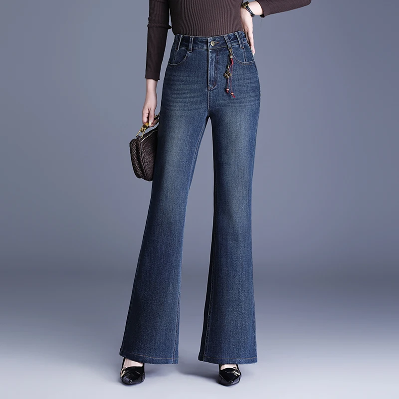

Retro High Waist Slim Fit Denim Jeans Women's Micro Flared 50 Year Old Mom Jeans Cotton Elastic Casual Breathable Pants