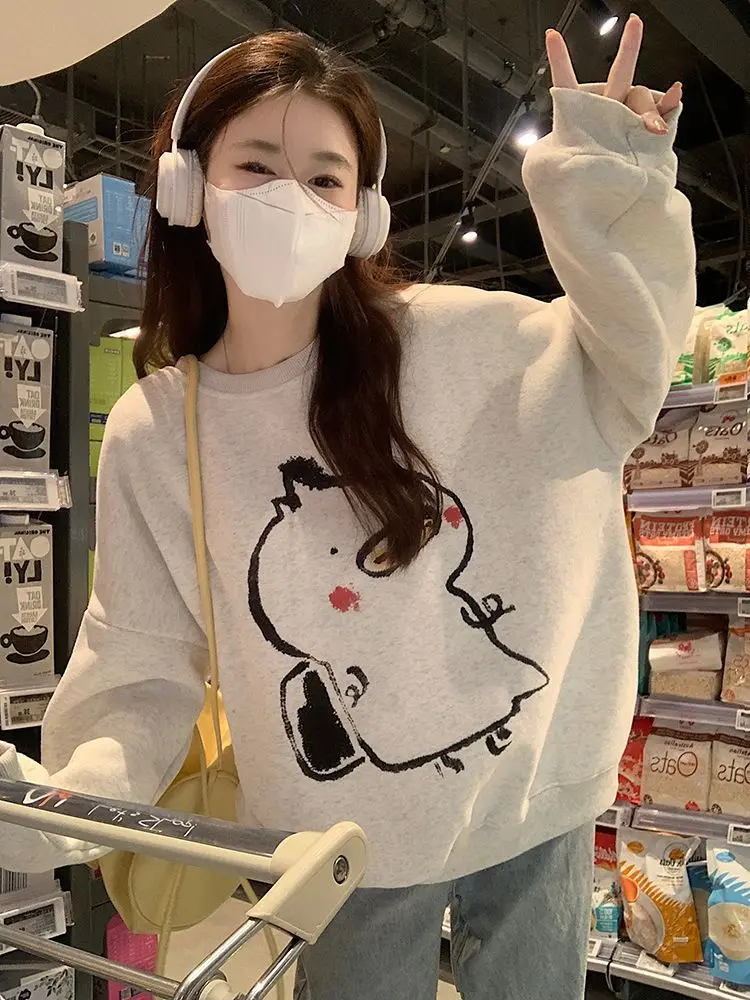 المرأة المتضخم Crewneck البلوز ، الكورية الصوف هوديس ، Kawaii الكرتون ، بلايز عادية ، الإناث ، الخريف ، الشتاء ، الكورية