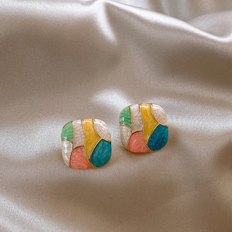 Advanced Design Personality Contrasting Colors Geometric Retro Light Luxury Colorful Square Earrings Women's Novelty Earrings