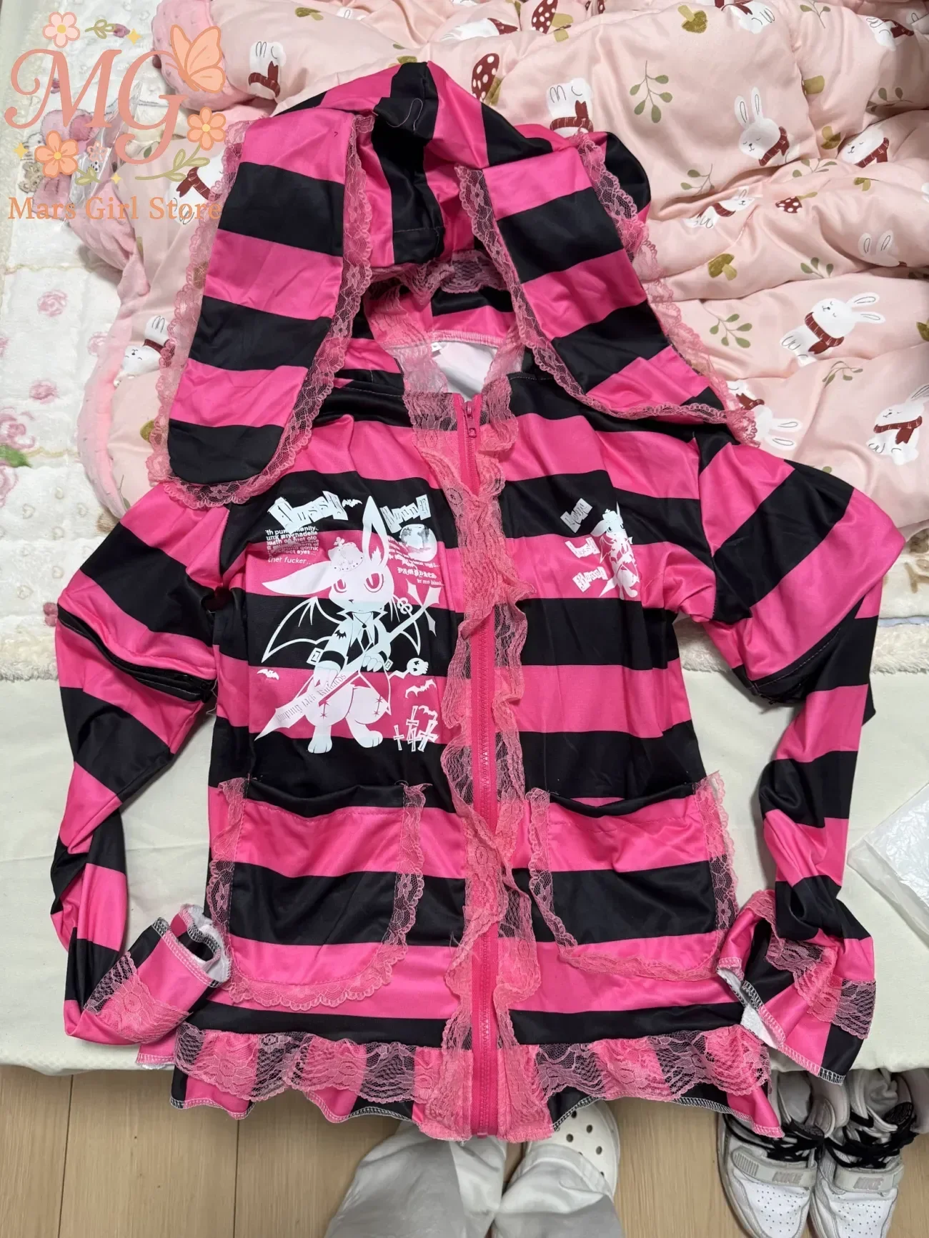 Y2K Dark Harajuku Striped Rabbit Ear Hoodie Women Pink Black Lace Trim Bunny Ears Zip Up Jacket Cute Pastel Goth Hooded Top