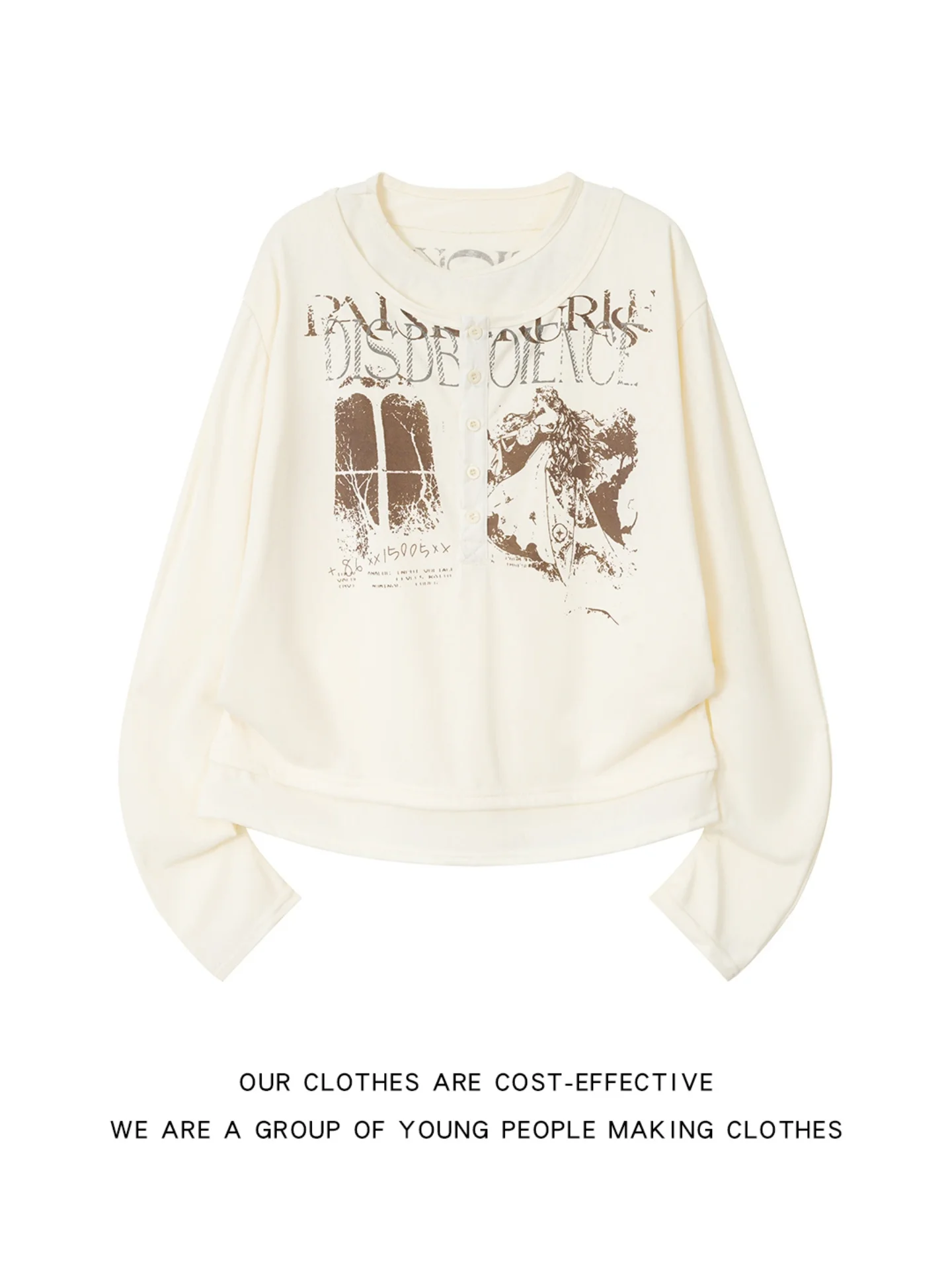 Retro American Printed Long Sleeve T-Shirt Men's Street Fashion Loose Fake Two-Piece Top with Henry Collar for Teenagers