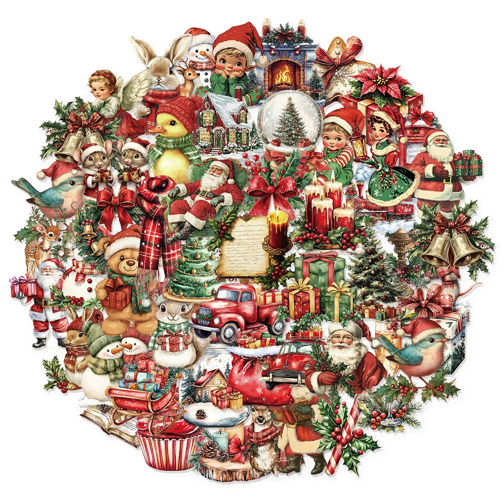50PCS Retro Christmas Fun Stickers Set Waterproof Transparent PET Booklet Decorative Laptop Tablet Waterproof Stickers