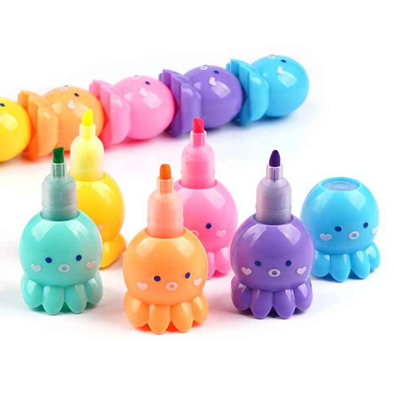 2024 New 5 Colors Fluorescent Scribble Pen Cute Octopus Shaped Highlighter for Boys Girls