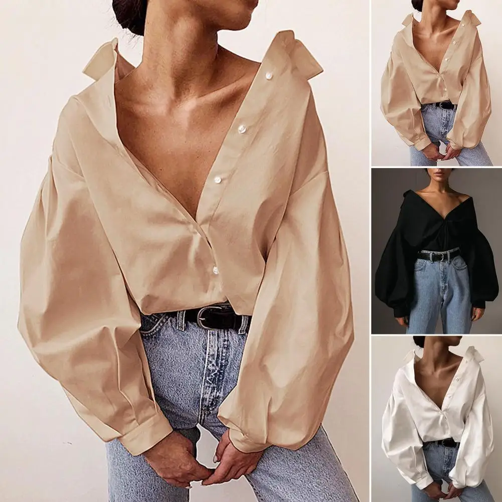 

Casual Vintage Sexy Button Solid Blouse Women Lantern Sleeve Loose Women Shirt Polyester Office Ladies Tops Blusas