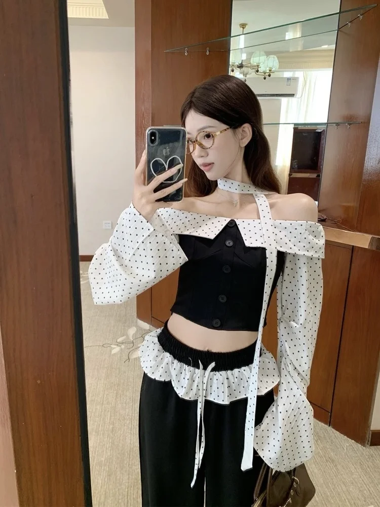 

Polka Dot Splice Ballet Style One Shoulder Tube Top Spicy Girl Wide Leg Pants Fashion Set Women's Checkered Shirt Casual Outfit