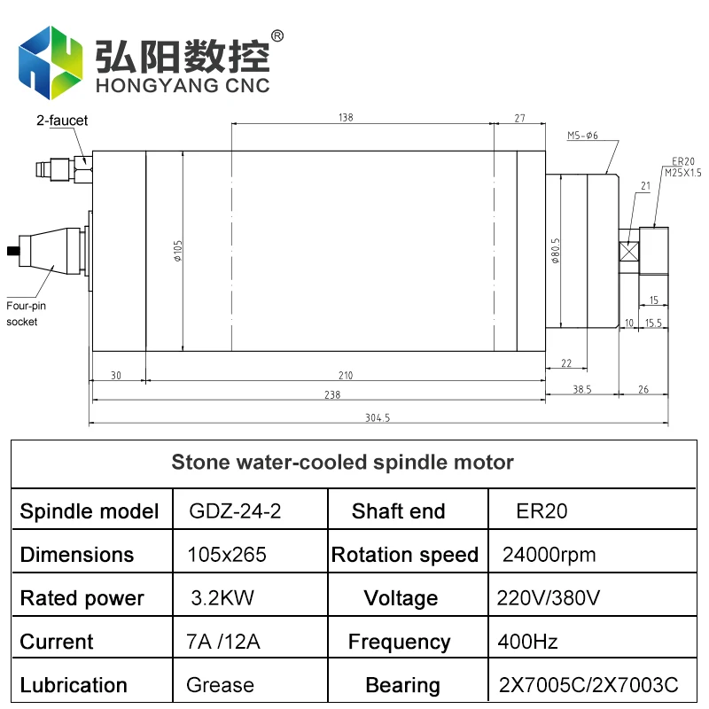 HQD 3.2kw 스핀들 모터 105x265mm ER20 척 220V 380V 수냉식 스핀들, 석재 조각용 CNC 밀링 머신