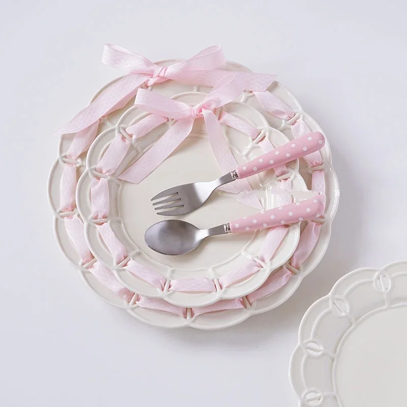 Vintage French Hollow Ribbon Bowknot Ceramic Dinner Plate Wedding Photo Beautiful Decoration Grace Dessert Cake