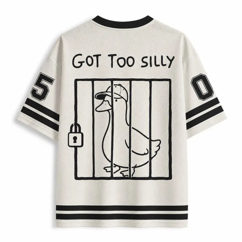 Got Too Silly Goose Graphic Football Jersey Cute Cartoon Duck Print V‑Neck Color Block Short Sleeve Sports Tee Top