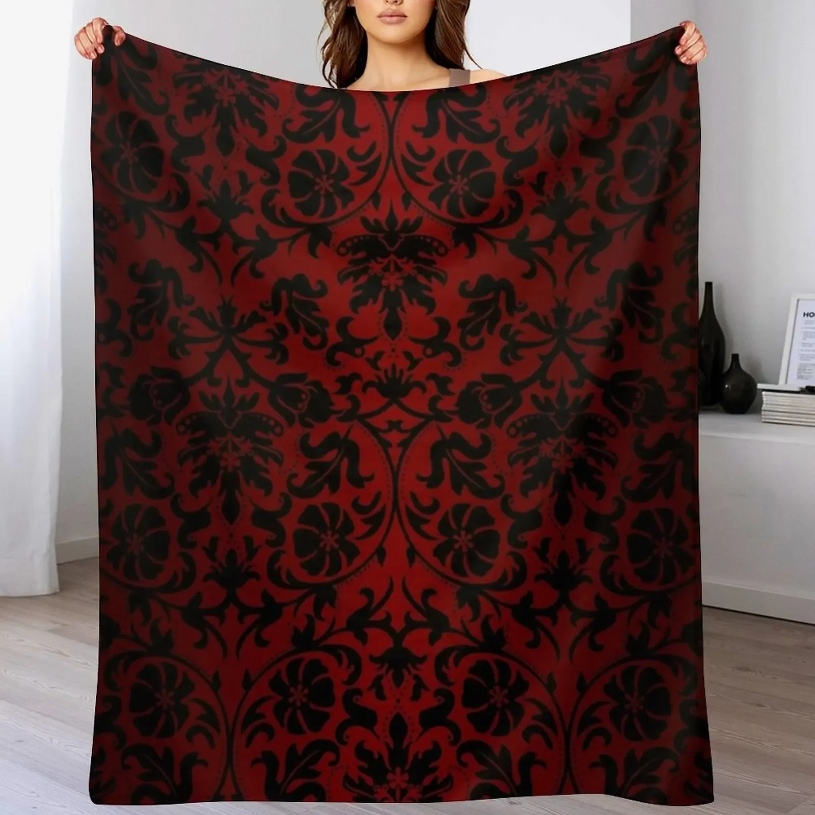 

Dark Red and Black Damask Pattern Throw Blanket Cozy Sofa Blanket for TV Watching Napping