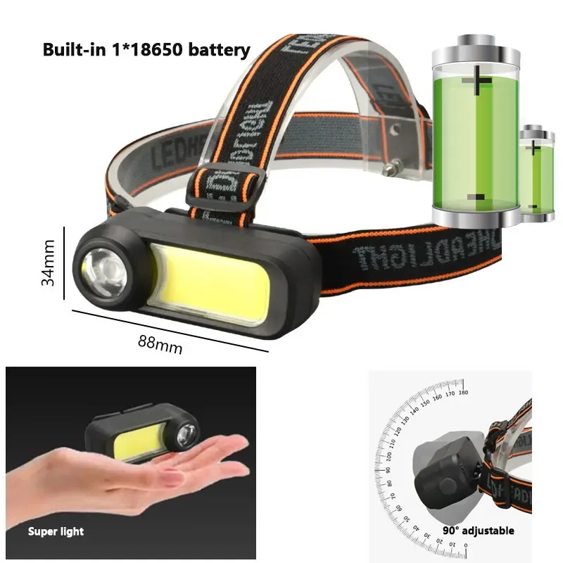 Super Bright COB LED Headlamp Long Range USB Rechargeable Headlight Use 18650 Battery Waterproof Head Lamp Portable Head Light