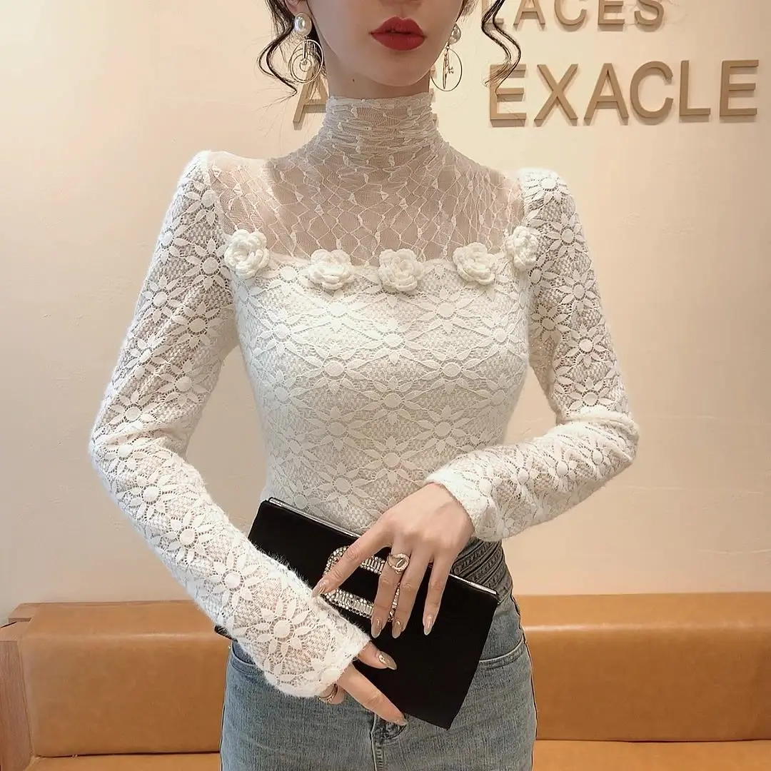 

Кружевная рубашка с высоким воротником, зимний облегающий пуловер с длинными рукавами, женская зимняя кружевная рубашка, однотонный шерстяной вязаный свитер