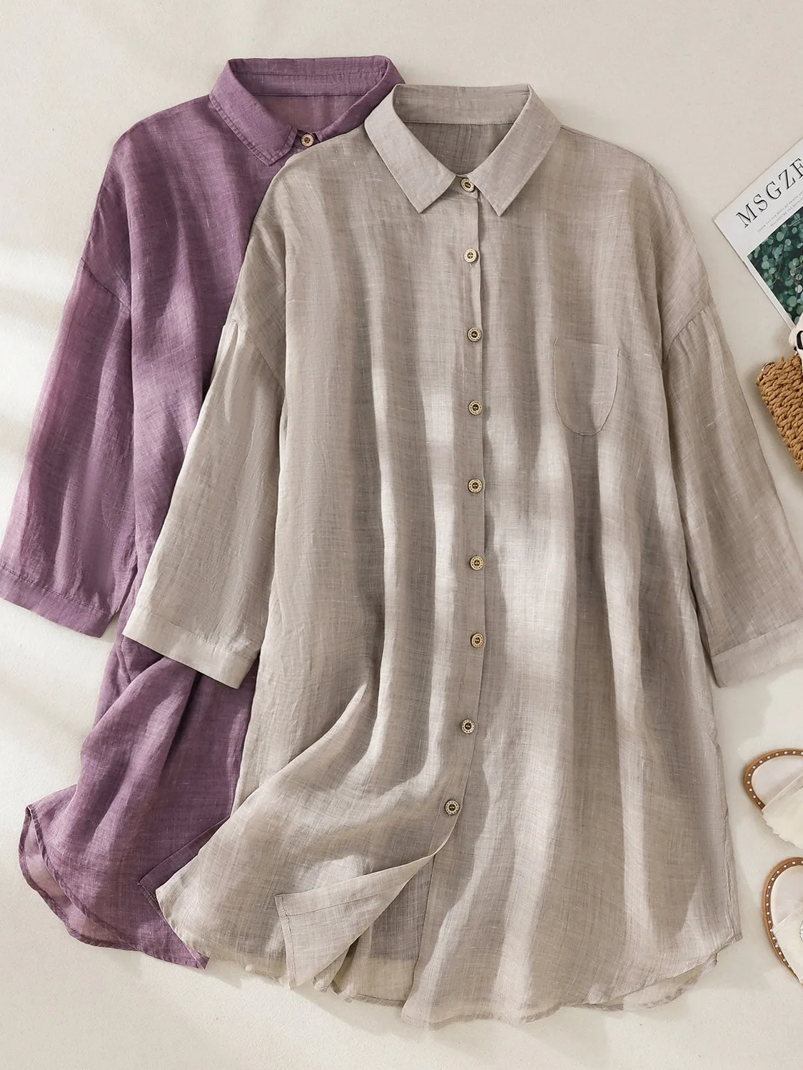 

Sun Protection Cotton Linen Long Sve irt Women's Summer Midi Artistic Color Simple Outerwear Hemp Material Open Ca...