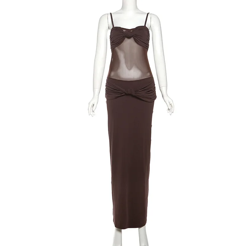Mesh Suspendency Women Maxi Dress Sexy See Through Tied Patchwork Low Neck Backless Bodycon Female Fashion Party Vestidos