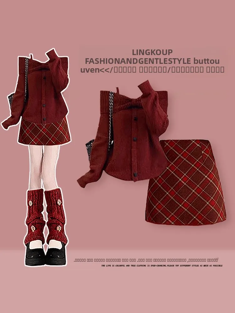 

Christmas Red One Shoulder Knitted Sweater And Plaid Skirt Two Piece Set Anti Aging Large Size Autumn Winter Women's Fas...