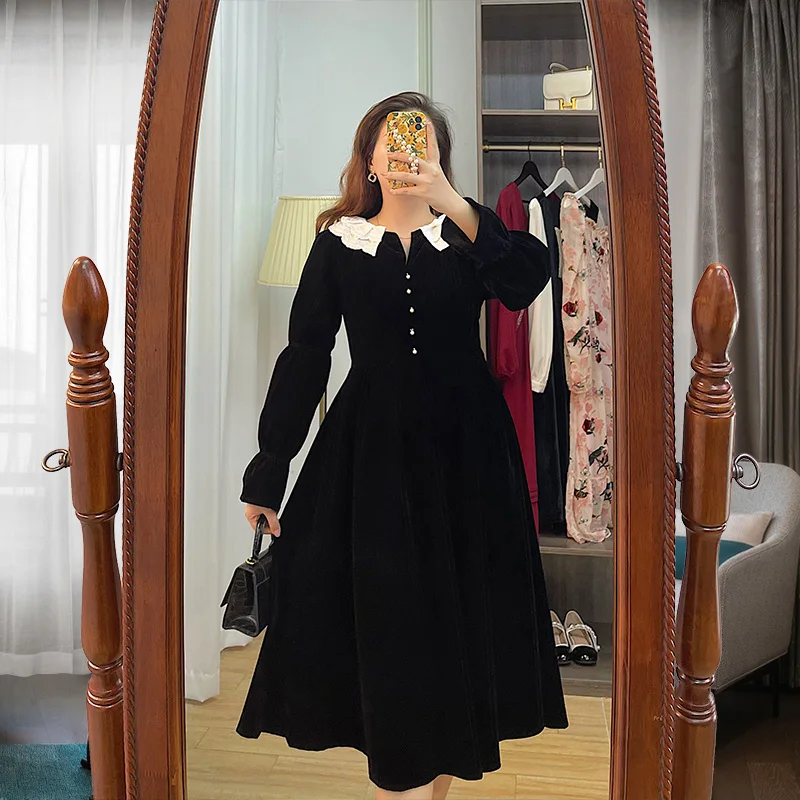 

Юбка А-силуэта из вельвета с воротником-стойкой для полных женщин, осенняя, с завышенной талией, в корейском стиле, для повседневной носки