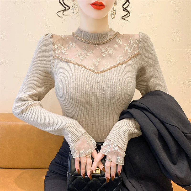 2025, nowość, europejski, ubrania, dzianina, sweter, kobiety, szyk, seksowny, dekolt w szpic, patchwork, koronka, koraliki, długi rękaw, koszula z dołu, topy, 412144