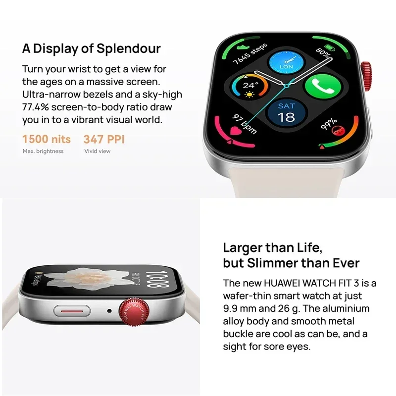 Huawei WATCH FIT 3 sports smartwatch with Bluetooth calling, health management and NFC access, suitable for adult men and women.