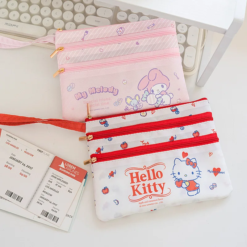 

Sanrio Character Melody & Hello Kitty Zippered Compartment Passport Holder Ticket Document Pen Pouch Stylish Storage Bag