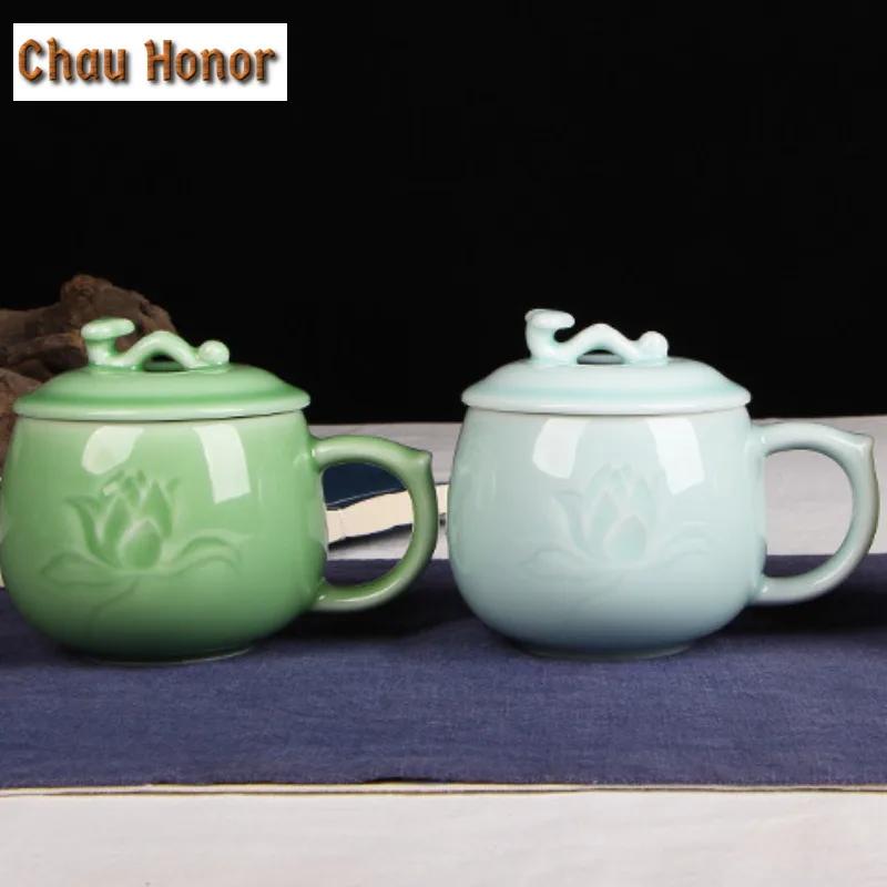 350ml Longquan Celadon Lotus Coffee Mug With Lid Oatmeal Breakfast Mug Afternoon Tea Mug Fruit Juice Milk Jug Office Water Cup
