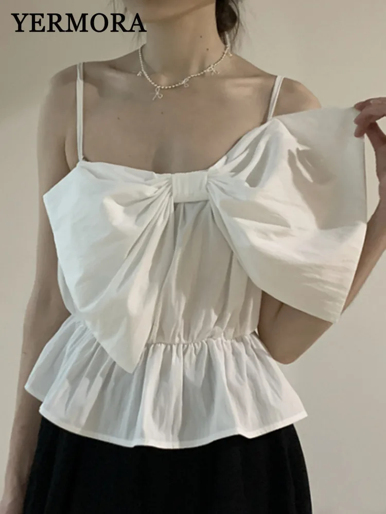 

YERMORA White Pleated Bow Brief Casual Short Straps Vest For Women Sleevless Slim Fit New Tops Fashion Tide Spring Summer 2025
