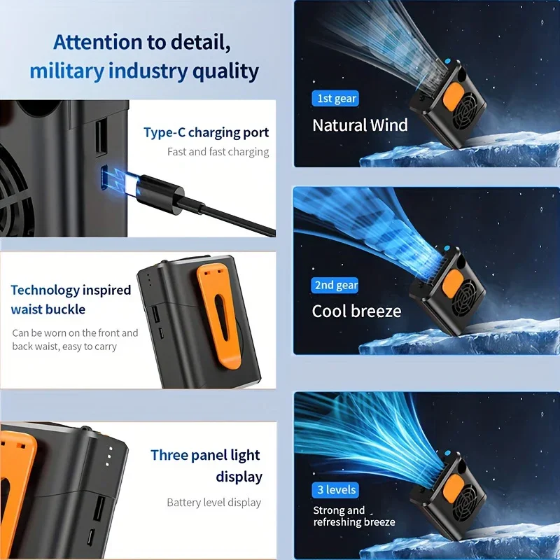 Hanging waist fan, portable waist clip USB charging, portable outdoor bladeless hanging neck fan, high-temperature operation