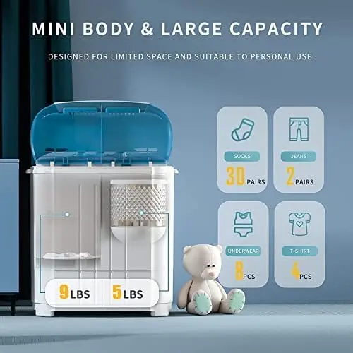 Portátil Twin Tub Máquina de lavar roupa, Lavadora compacta, Spinner Combo com 14lbs Capacidade, 9Lbs Washer