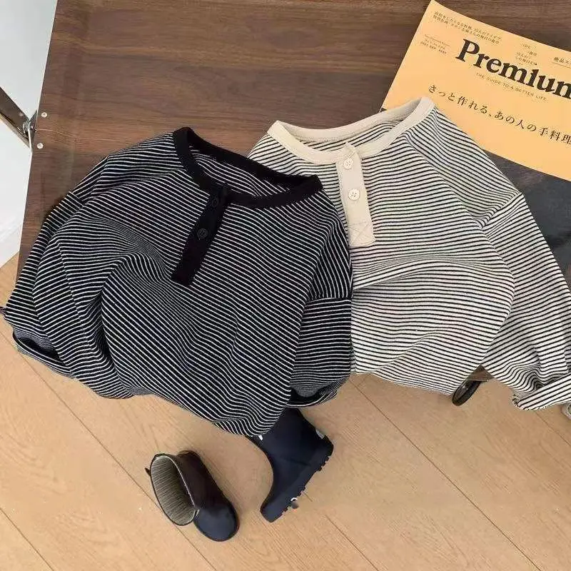 Kids Striped Long Sleeve Base Layer Shirt Spring Autumn New Korean Style Minimalist Top Boys Girls Clothing
