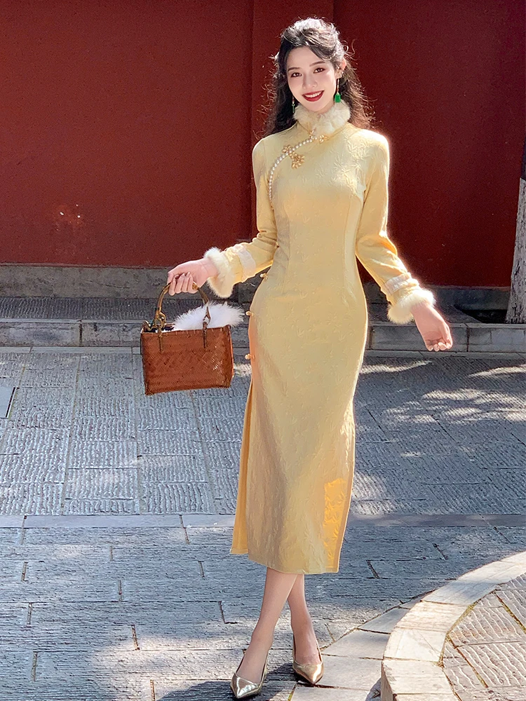 Qipao long amélioré pour jeune fille, jaune canard, respirant, à motif floral, à manches longues, pour usage quotidien