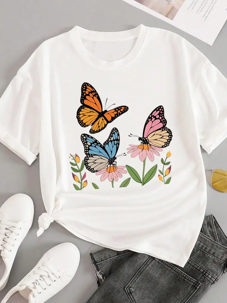 

Ladies Graphic T Women Butterfly Trend Cute 90s Print White Tee Casual Clothing Fashion Clothes Short Sleeve O-neck T-shirts
