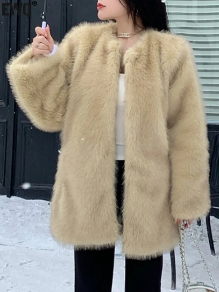 [EWQ] Fashion Casual Faux Fox Fur Coat Long Sleeve Solid Colors Keep Warm Thicken Plush Fur Overcoats 2024 Winter New 16O3735